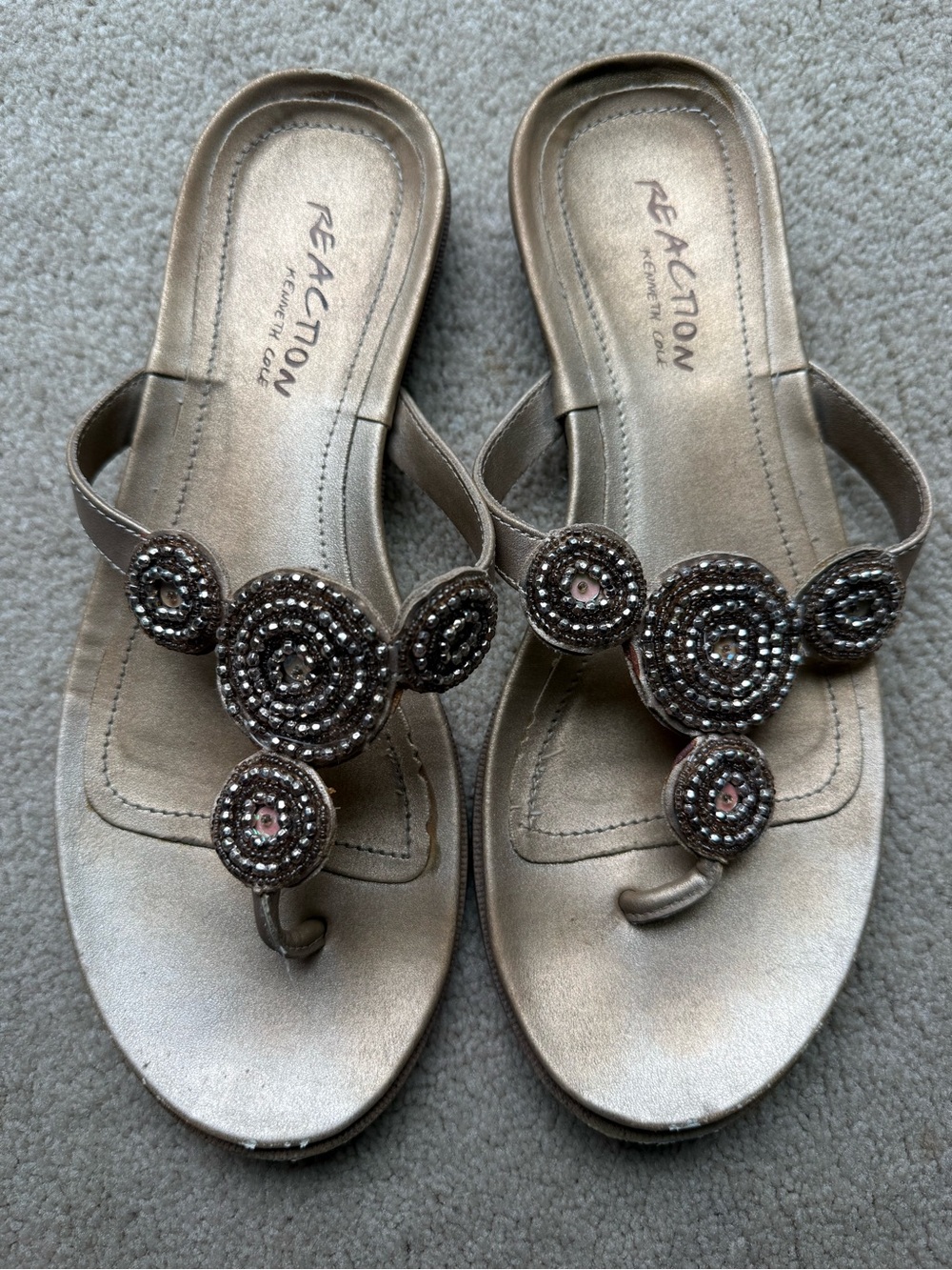 Vintage Kenneth Cole Reaction Metallic Beaded Thong Sandals - Gold